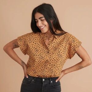 Marine Layer Re-Spun Dotted Button Down Small Tan Spot Print Office Blouse
